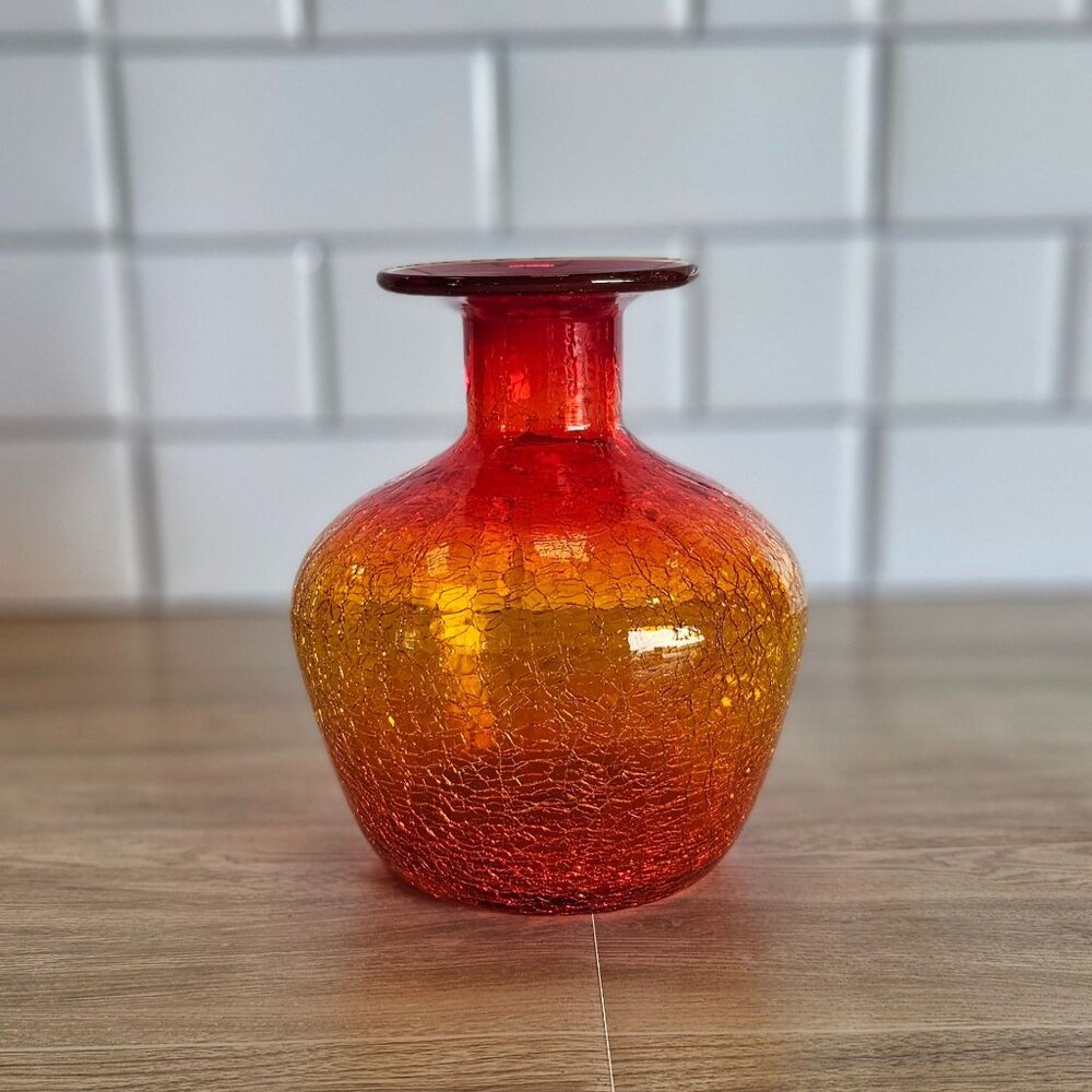Vintage Amberina Crackle Glass Vase Red & Orange Tangerine 6" Blenko?